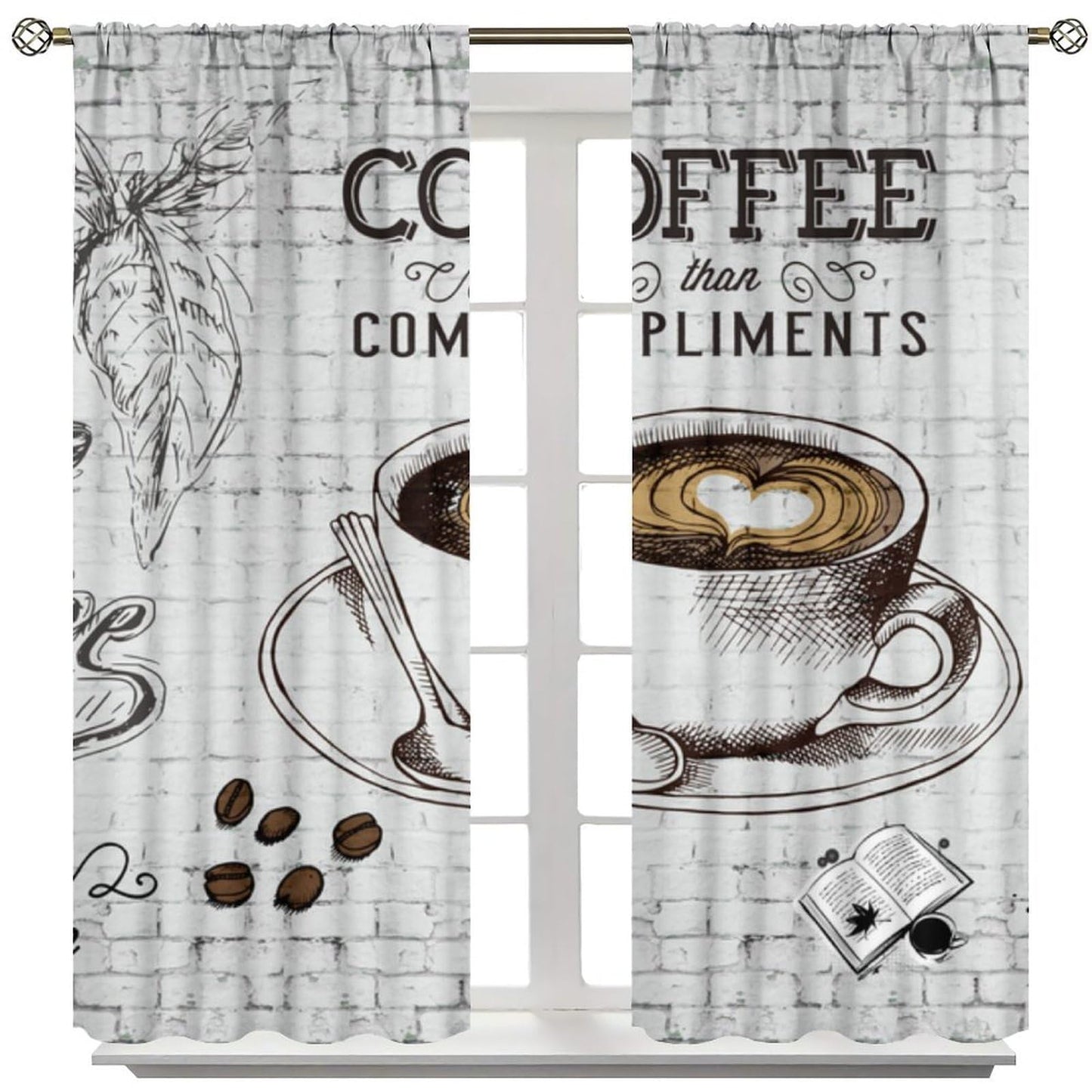 Coffee Kitchen Curtains Vintage Hand Drawn Coffee Themed Curtains Rod Pocket Window Treatment for Bedroom Living Room 2 Panels 41"x 45"(No Blackout)