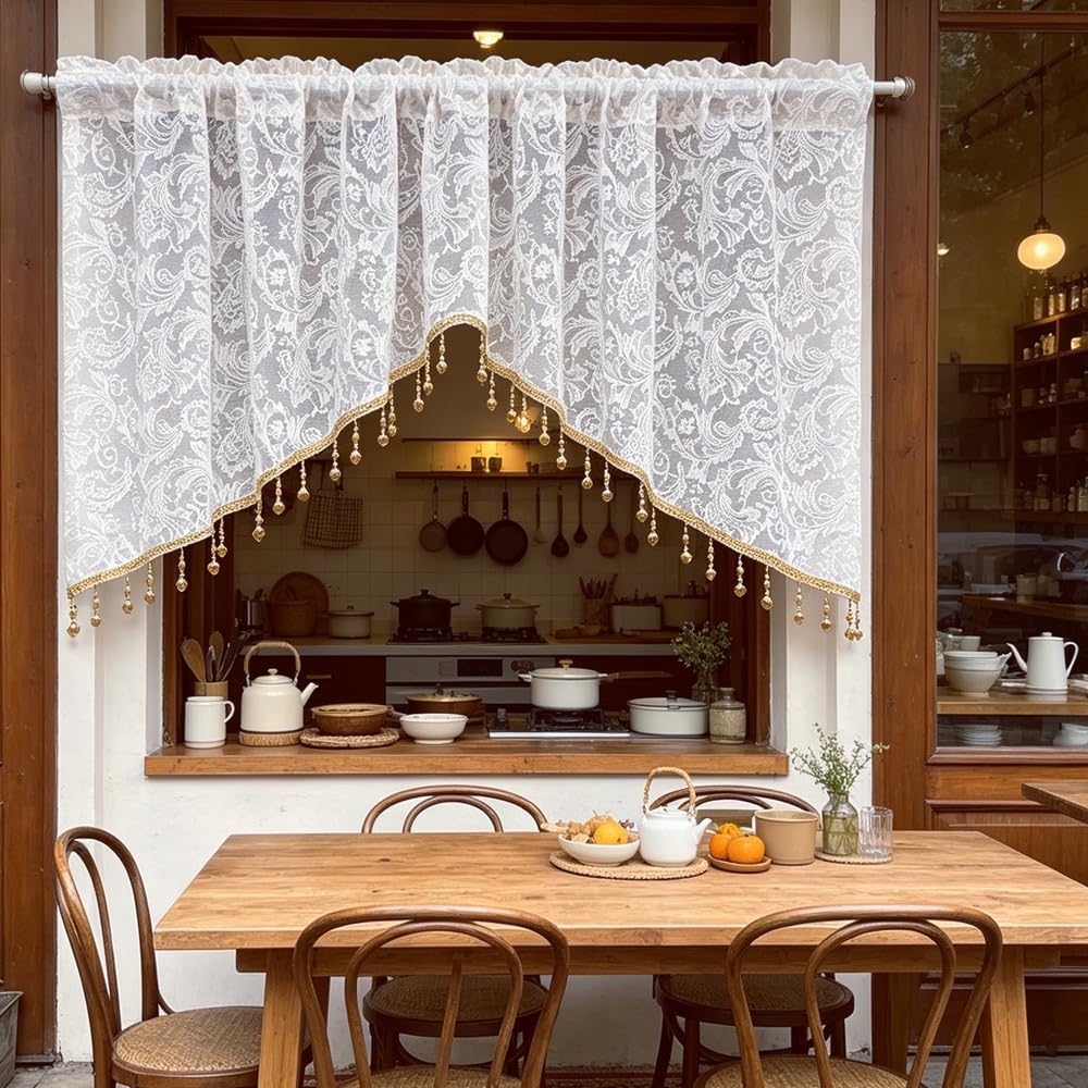 Luxury Victorian Floral White Lace Swag Valance for Arched Door