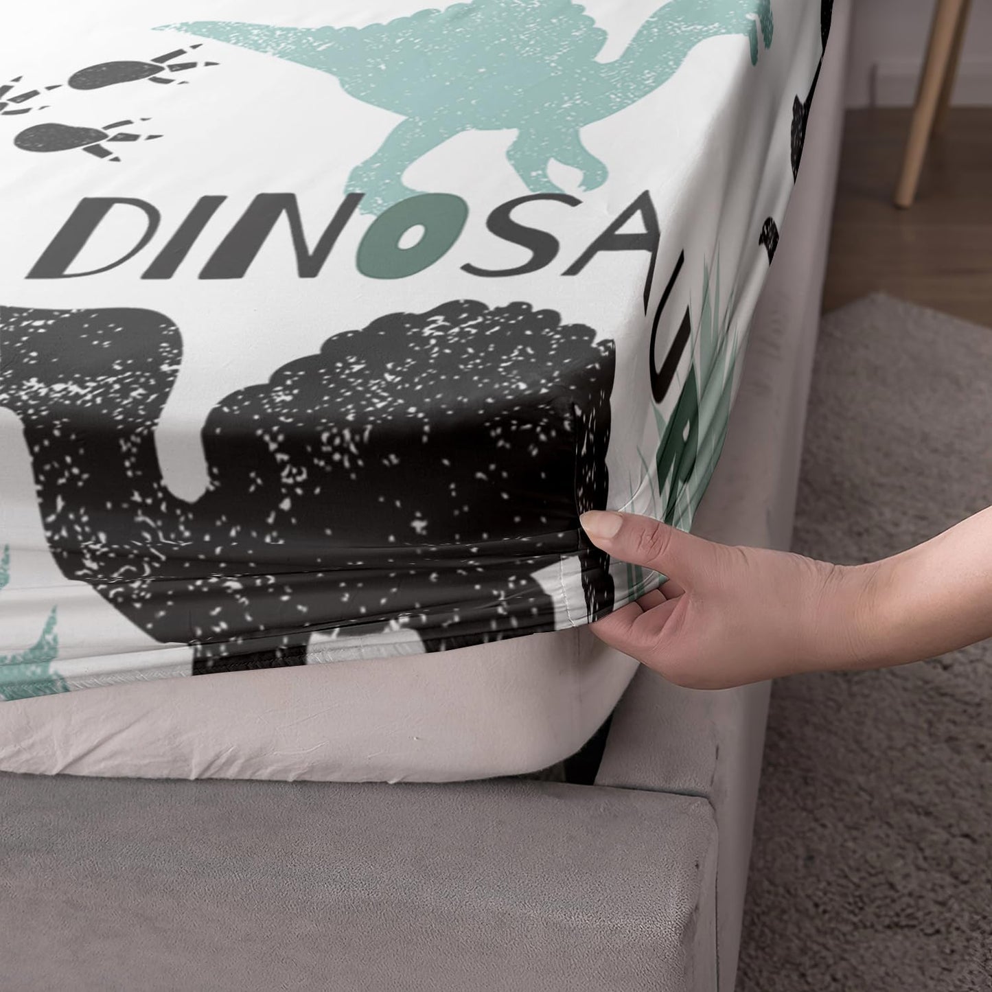 AILONEN Dinosaur Kids Fitted Sheet Set, Black and Green Dinosaur Bed Sheet Set, Soft Fitted Sheet with 2 Pillowcases for Boys