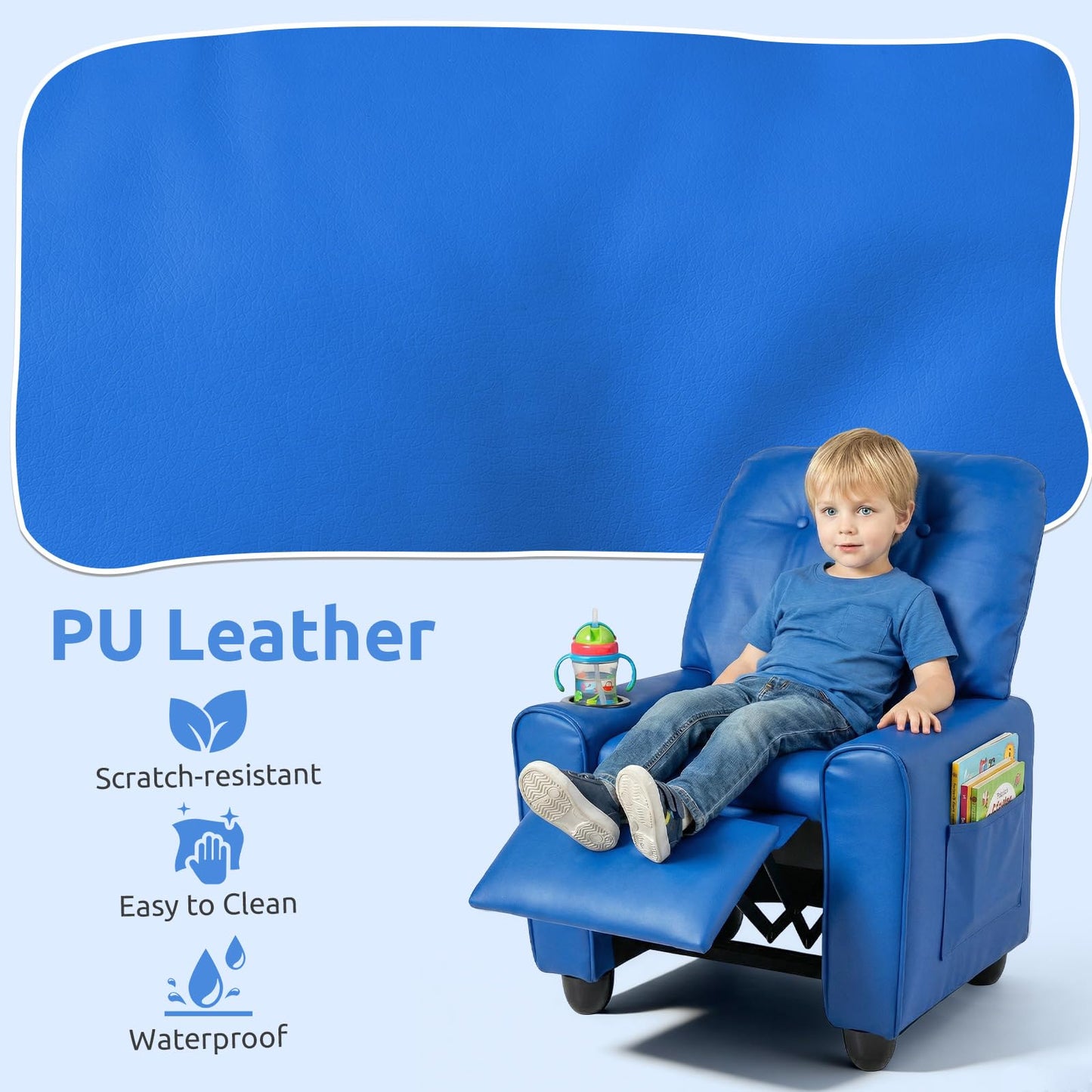 INFANS Kids Recliner, Toddler Lounge Chair with Adjustable Backrest Footrest Cup Holder Side Pockets, PU Leather Toddler Couch