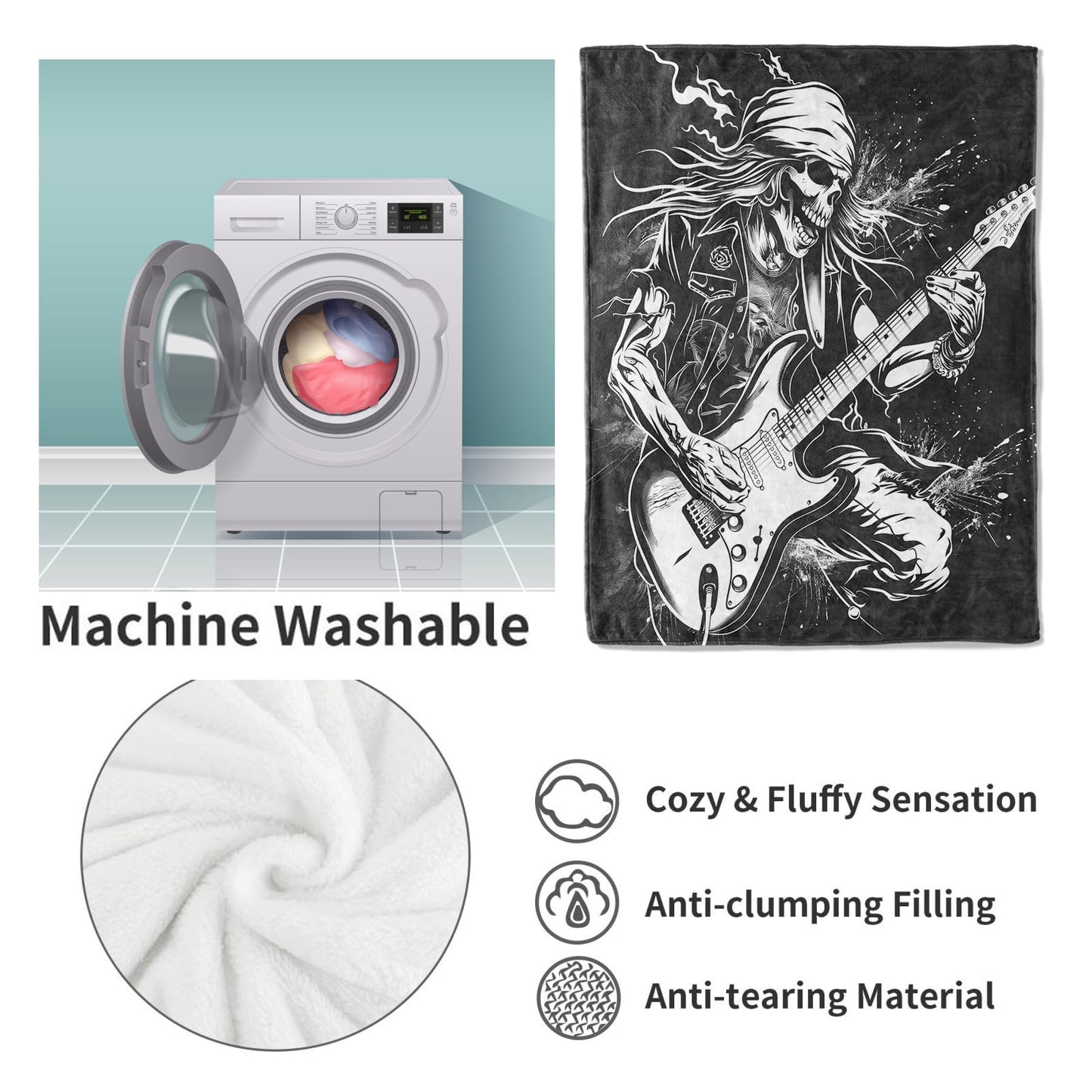 VANZEV Rock Guitar Skeleton Throw Blanket Gifts, Soft Cozy Fleece Blanket with Edgy Skull and Guitarist Print, Blanket for Couch Bed Sofa, Perfect for Music Lovers and Rock Fans, 50x60 in