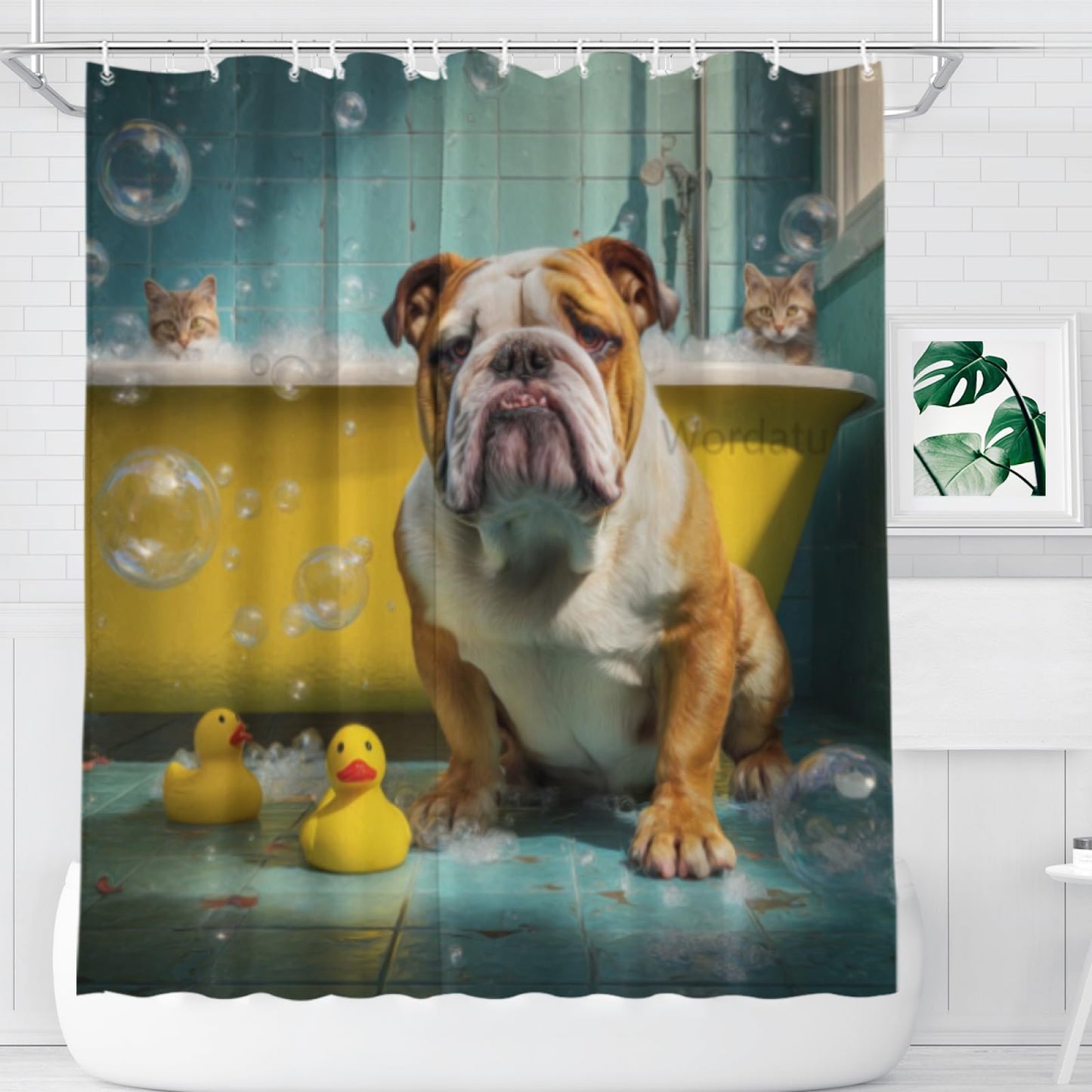 Wordatu Bulldog- Shower Curtain Bathroom Set 72X72 Inches Funny Cat Lovely Animals in Bathtub for Boys Bath Farmhouse Art Home Decor Fabric 12 Hooks
