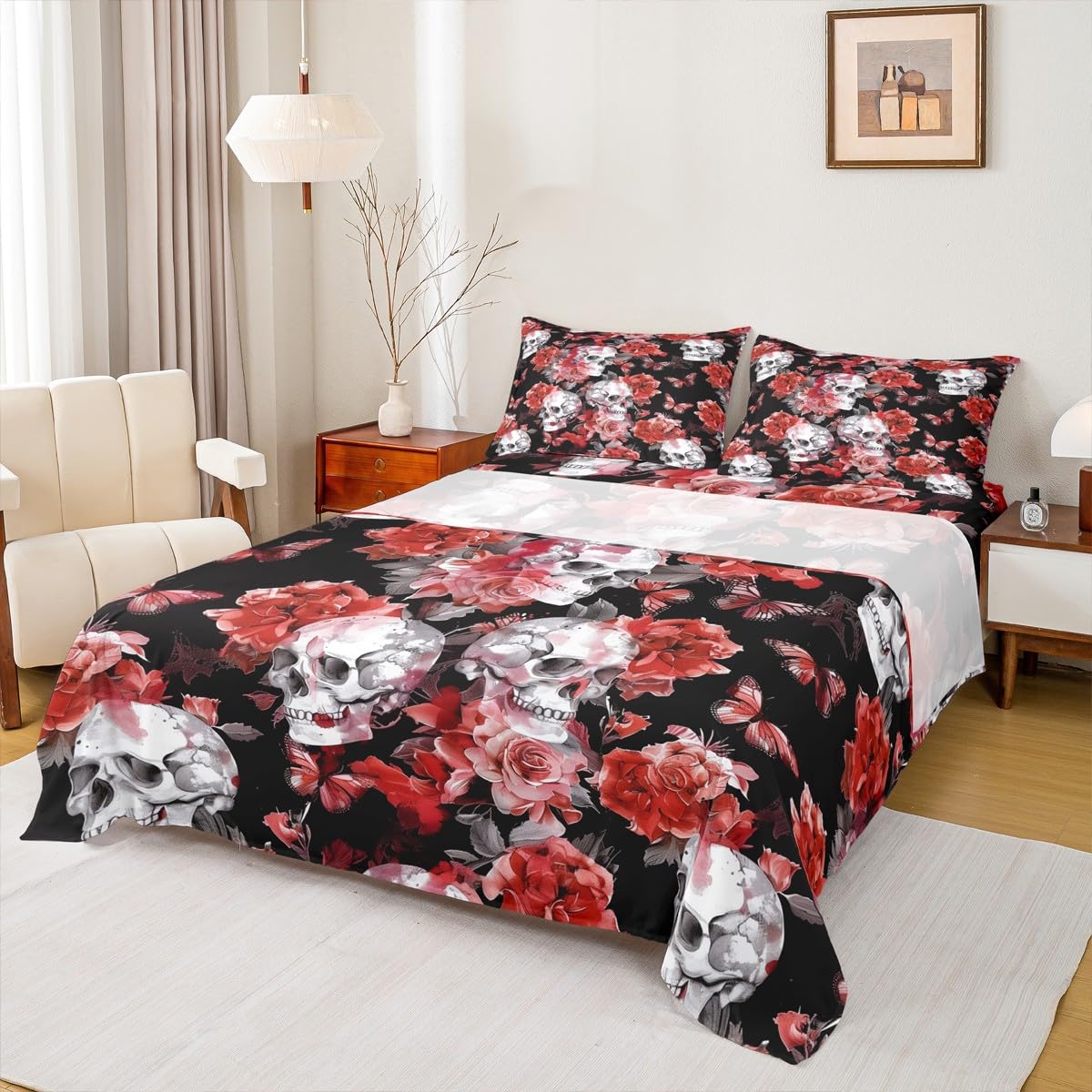 jejeloiu Kids Halloween Decor Bed Sheets Set Twin Size Gothic Skull Bed Set for Kids Boys Girls Rose Blossoms Print Deep Pocket Fitted Sheet Spooky Halloween Decorations Breathable Soft