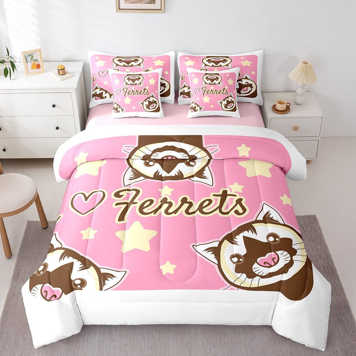 Erosebridal Ferret 7 Piece Comforter Set Full Bed in a Bag,Cartoon Ferrets Bedding Sets Lovely Wild Animals Comforter and Sheet Set,Cute Wildlife Kawaii Stars Room Decor