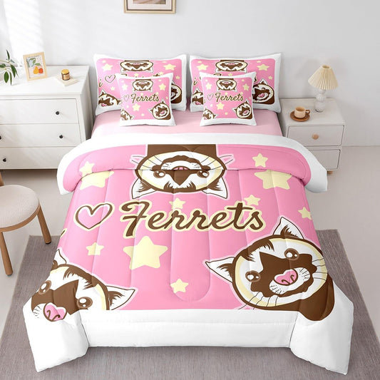 Erosebridal Ferret 7 Piece Comforter Set Full Bed in a Bag,Cartoon Ferrets Bedding Sets Lovely Wild Animals Comforter and Sheet Set,Cute Wildlife Kawaii Stars Room Decor