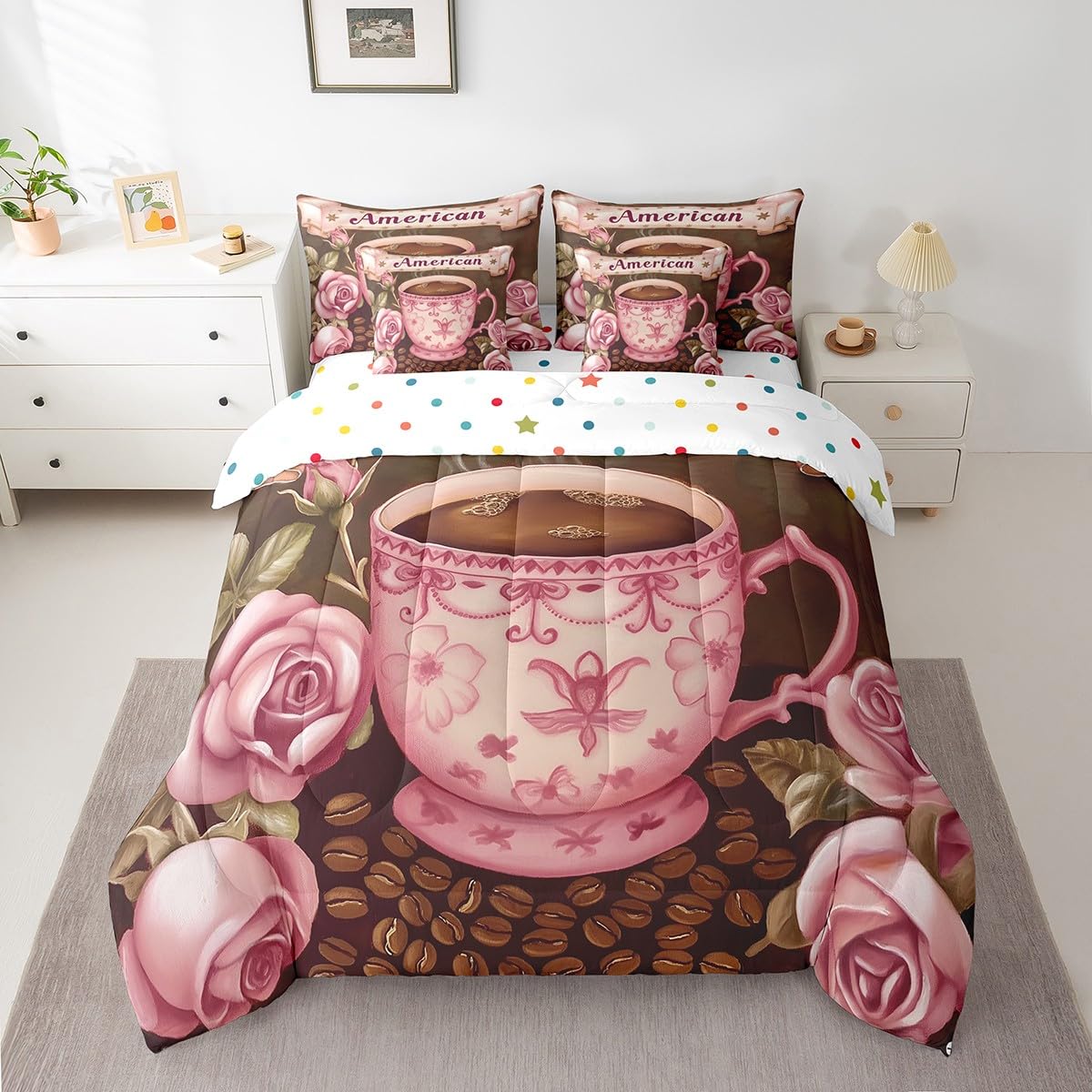 Erosebridal American Coffee Comforter Set Full Size,Oil Painting Rose Bedding Set for Kids Teens,Coffee Bean (Comforter+Fitted+Flat Sheet+2 Pillowcases+2 Throw Pillow Covers) 7 Pieces Bed Set