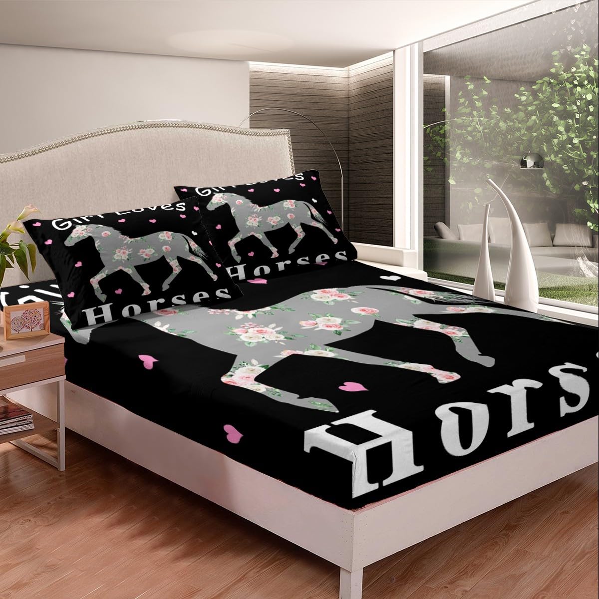 Rose Floral Horse Bedding Set - Fitted Sheet + Bed Cover - 3Pcs Full Size