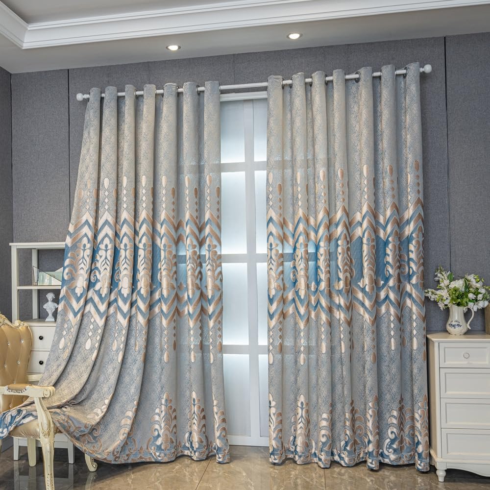 Amidoudou 1 Pair European Semi-Sheer Curtains for Living Room Bedroom Embroidered Hollow Luxury Curtains (Blue,52x90 Inch)