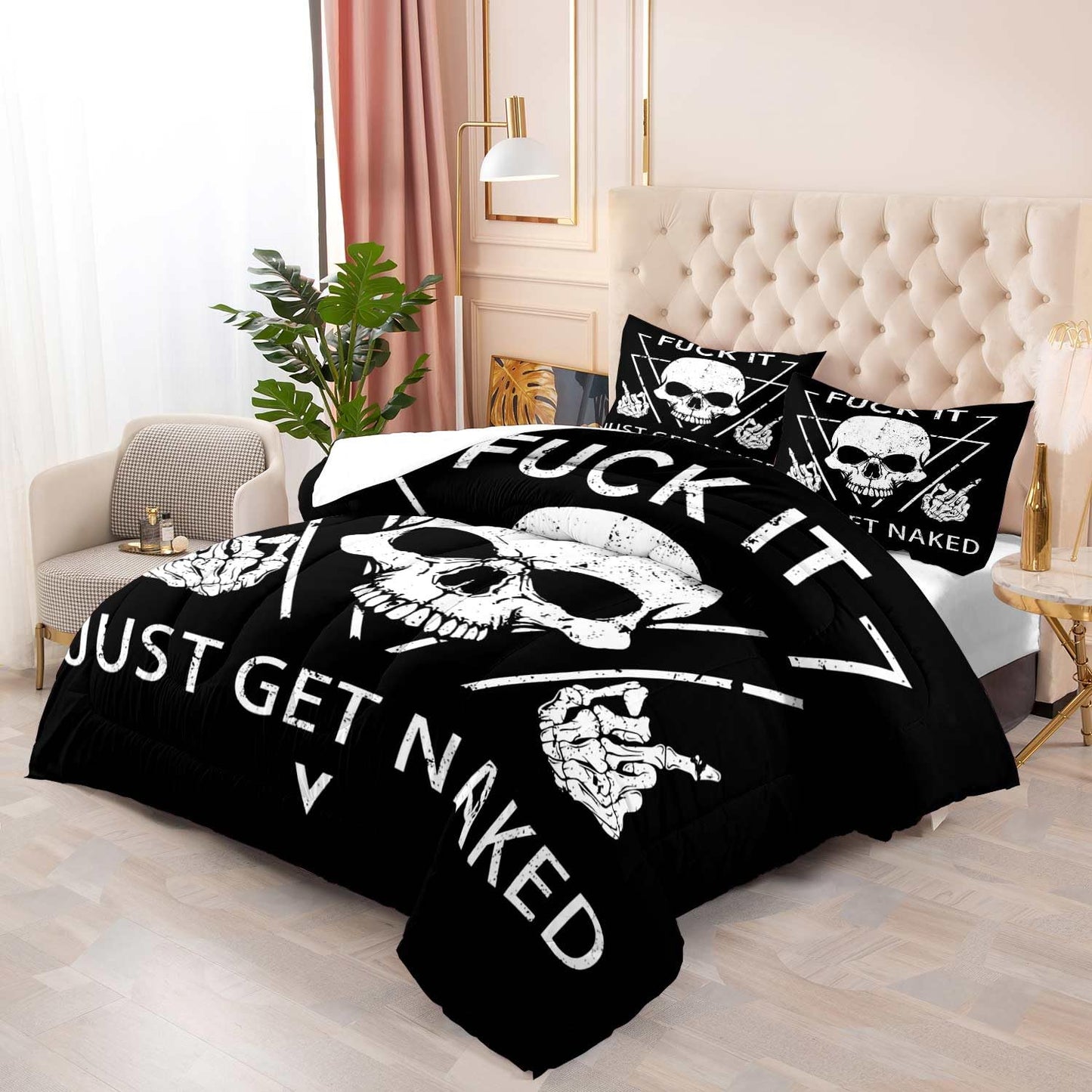 LUVIVIHOME 3PCS Skull Comforter Set King Size, Black and White Comforter, Fuck It Just Get Naked Bedding Sets, Skeleton Funny Bedroom Decor for Men Women, Soft Microfiber Quilt, 2 Pillow Shams