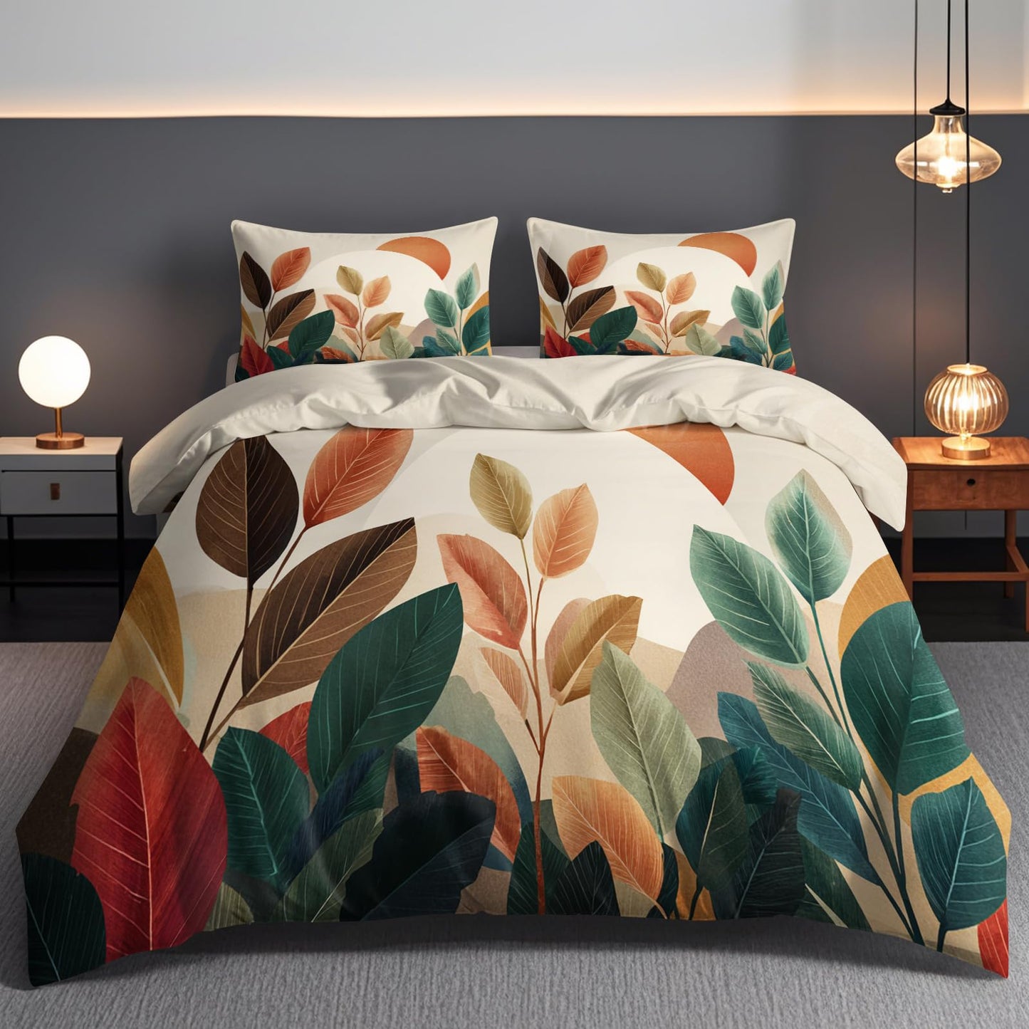Boho Duvet Cover Set 3 Pieces California King, Mid Century Modern Abstract Botanical Sun and Leaves Bedding Set, Soft Microfiber Comforter Cover with 2 Pillow Shams