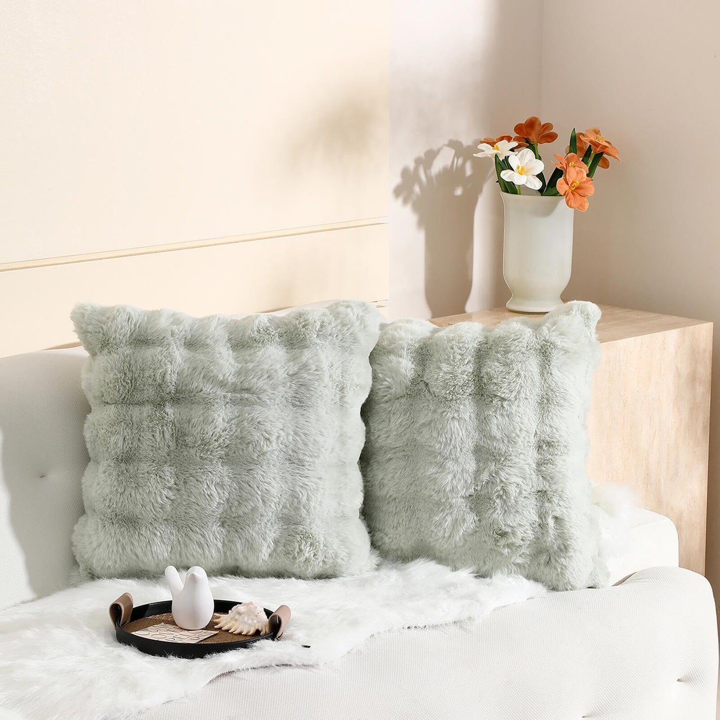 linmopm Excluding Insert Faux Rabbit Fur Bubble Pack of 2 Throw Pillow Cover Double Side 18x18 Inch Green Thick Plush Dense Fuzzy Decorative Cushion Covers for Couch Bedroom