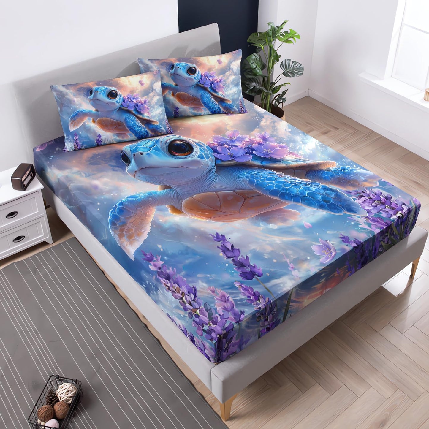UEVBF Kids Sea Turtle Fitted Sheet Set Full Size,Dream Sky Purple Lavender Bedding for Boys Girls Teens Bedroom Decor,Coastal Bedding Sets,1 Fitted Sheet+2 Pillowcases.