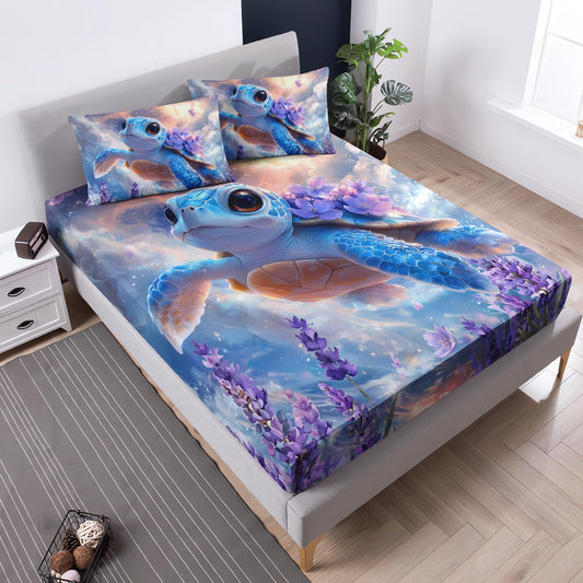 UEVBF Kids Sea Turtle Fitted Sheet Set Full Size,Dream Sky Purple Lavender Bedding for Boys Girls Teens Bedroom Decor,Coastal Bedding Sets,1 Fitted Sheet+2 Pillowcases.