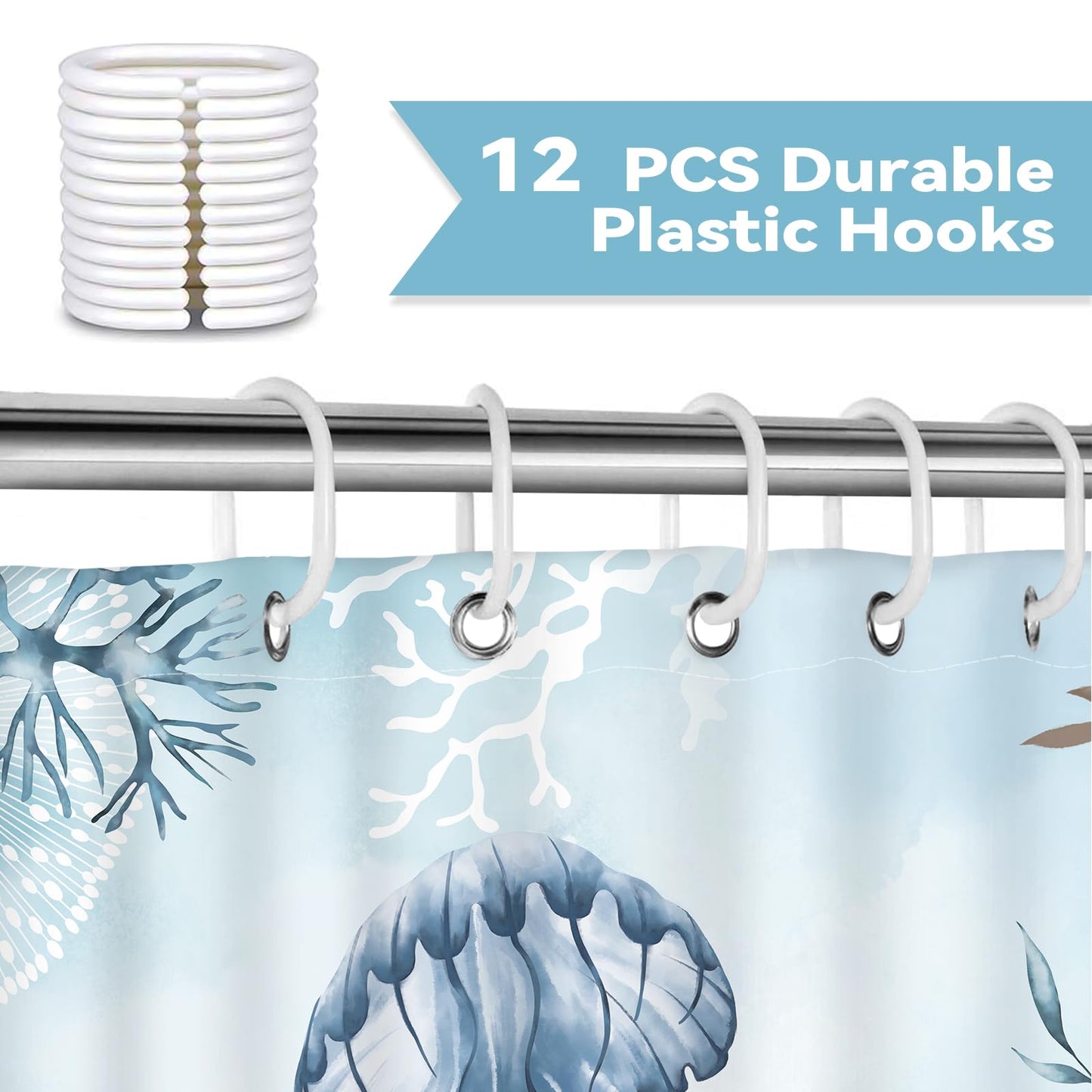 Hopomoon Jellyfish Shower Curtain,Teal Blue Coastal Shells Watercolor Ocean Theme Bathroom Curtain 72x72 Inch,Waterproof Polyester Fabric Summer Bathroom Decor with 12 Hooks