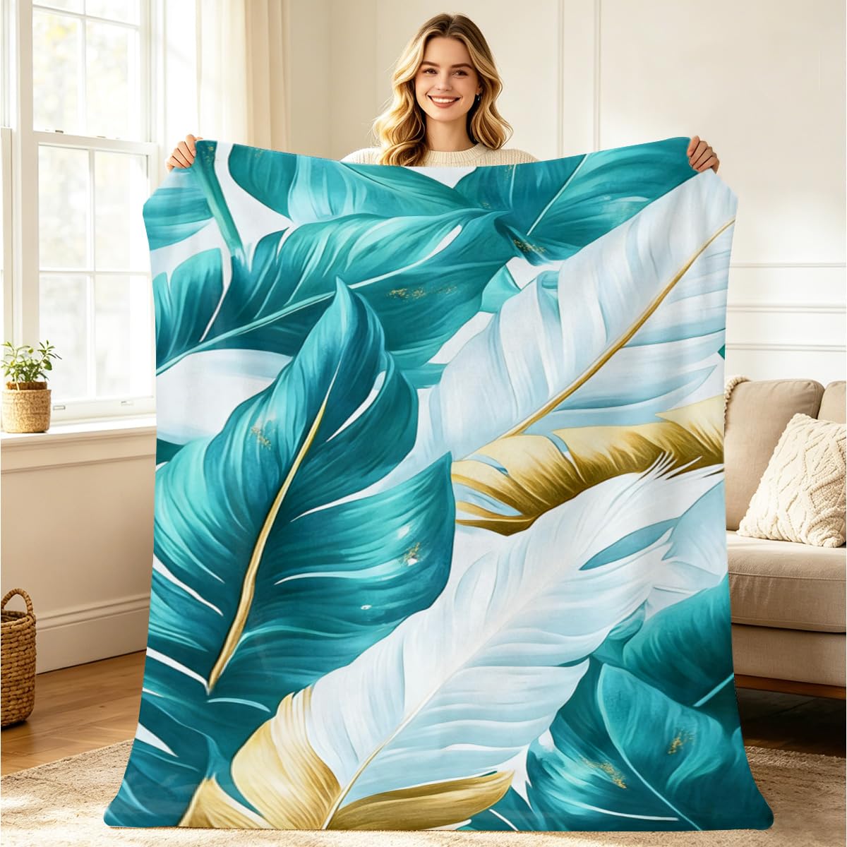 HUNXIAOJ Tropical Blankets and Throws Tropical Plant Blanket for Couch Bed Room Home Decor Tropic Leaf Throws Teal Gold Botanical Decor Flannel Gifts for Women Adults Kids 49"x59"