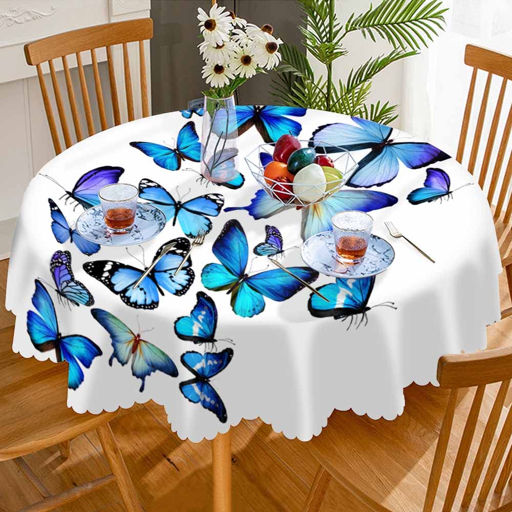 AOYEGO Blue Butterfly Table Cloth Animal Flying Freely Beautiful Wings Nature Elegant Round Tablecloth 60 Inch for Dining Room, Party, Banquet