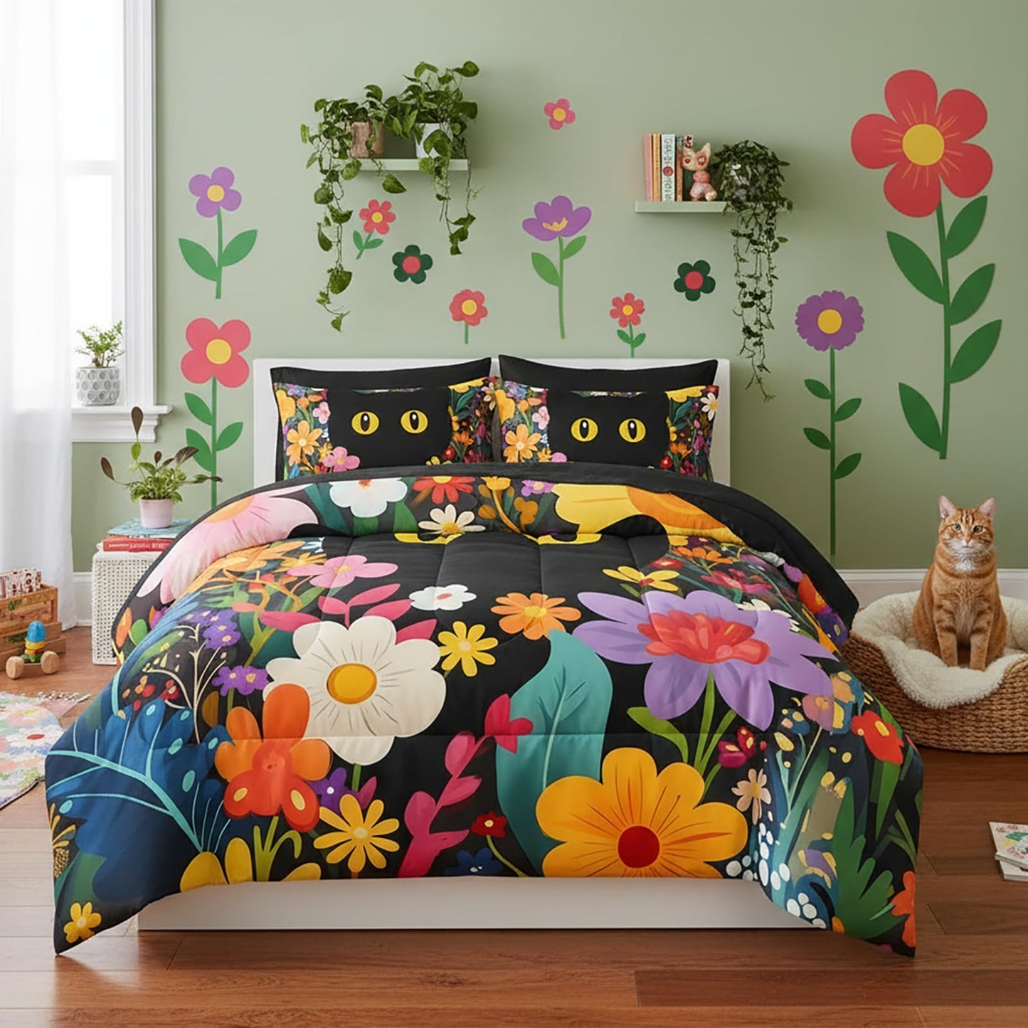QOOMO Floral Cat 7 Pieces Comforter Set Queen Size,Floral Cat Bedding Set for Kids Teens Girls-Include 1 Comforter,1 Fitted Sheet,1 Flat Sheet,2 Printing Pillowcases and 2 Black Pillowcases