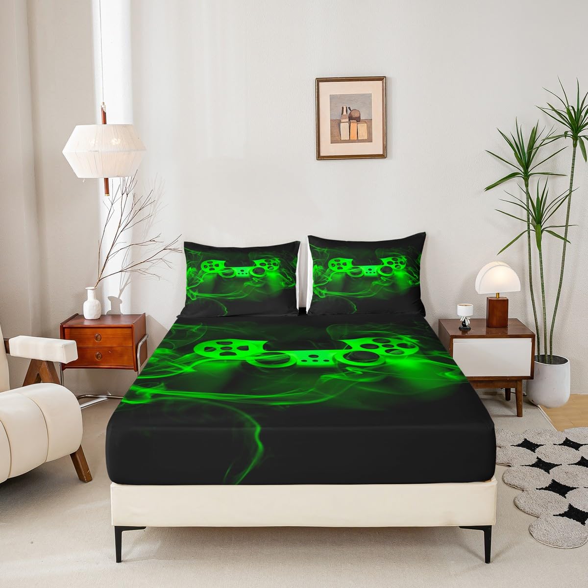Gamer Fitted Sheet Set Twin Size for Boys Gaming Fitted Bed Sheets for Kids Boys Gamer Room Decor Black Green Smoky Gamepad Games Deep Pocket Trippy Geometric No Top Flat Sheet with 1 Pillow Case