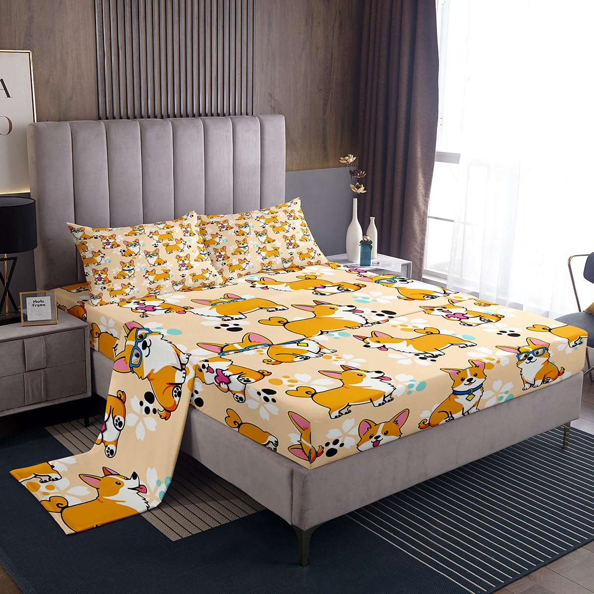 Homewish Cute Corgi Sheet Set Full,Cartoon Dog Paw Bedding Set for Kids Teens Girls Boys,Smiling Dog Kawaii Yellow Bed Sheet Set 4pcs with Deep Pocket Fitted Sheet + Flat Sheet + 2 Pillowcases