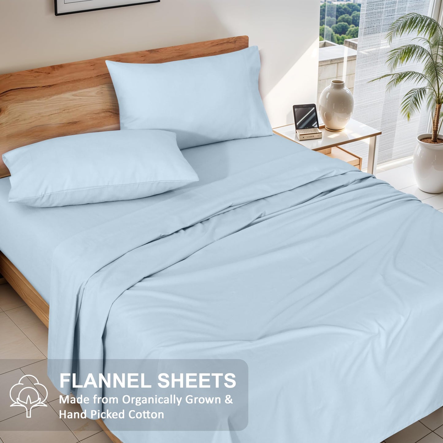 RUVANTI Flannel Sheets Queen Size - GOTS Certified 100% Organic Cotton, 4 Piece Warm, Soft & Breathable Set, Deep Pocket Snug Fit, Double Brushed Cozy All Season Bedding, Baby Blue