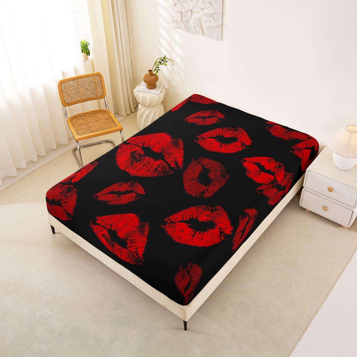 Feelyou Lips Fitted Sheet Full Size for Kids Boys Girls Kissing Lips Bed Sheets Set 16" Deep Pocket Soft Breathable Microfiber Romantic Bedding with 2 Pillowcases Room Decor