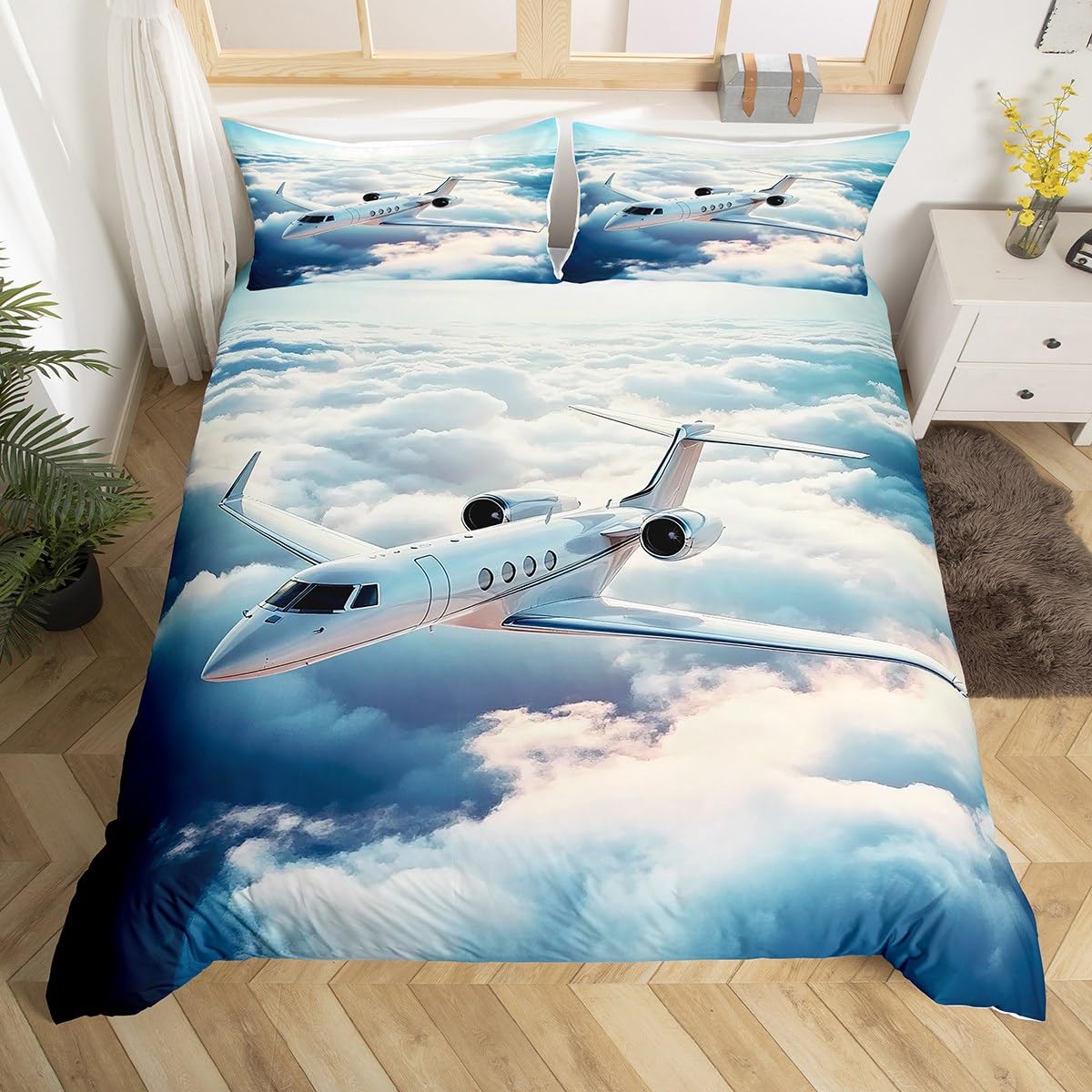 Feelyou Kids Aircraft Bedding Set Queen Size,3D Airplane Duvet Cover Boys Girls Fighter Plane Comforter Cover Sky Planes Teens Bedspread Cover Bedroom Decor Quilt Cover (No Comforter)