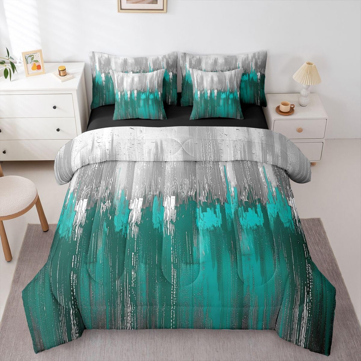 Erosebridal Greyish Gradient 7 Piece Bedding Set Queen White Teal Comforter Set with Sheets Chic Abstract Art Ombre Vintage Bed in a Bag Farmhouse Graffiti Modern for Teens Men Women