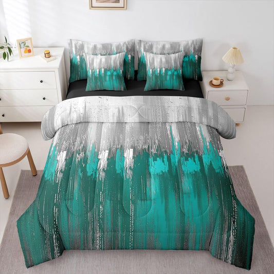 Erosebridal Greyish Gradient 7 Piece Bedding Set Queen White Teal Comforter Set with Sheets Chic Abstract Art Ombre Vintage Bed in a Bag Farmhouse Graffiti Modern for Teens Men Women