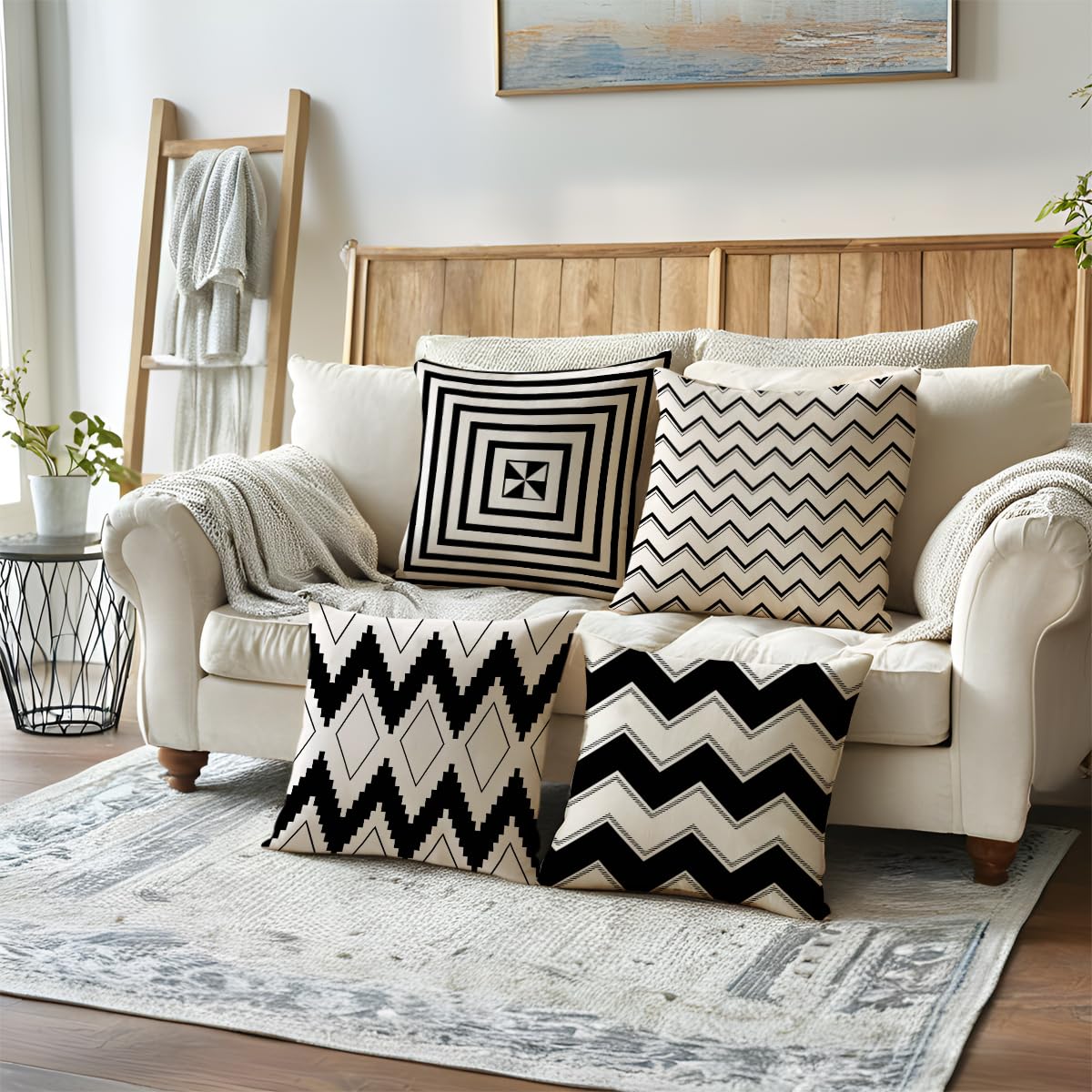 ULOVE LOVE YOURSELF Square Decorative Throw Pillows Cushion Covers Black& Beige Stripes Modern Geometry Print Home Pillowcases 18 X 18 Inch,4 Pack(Black)