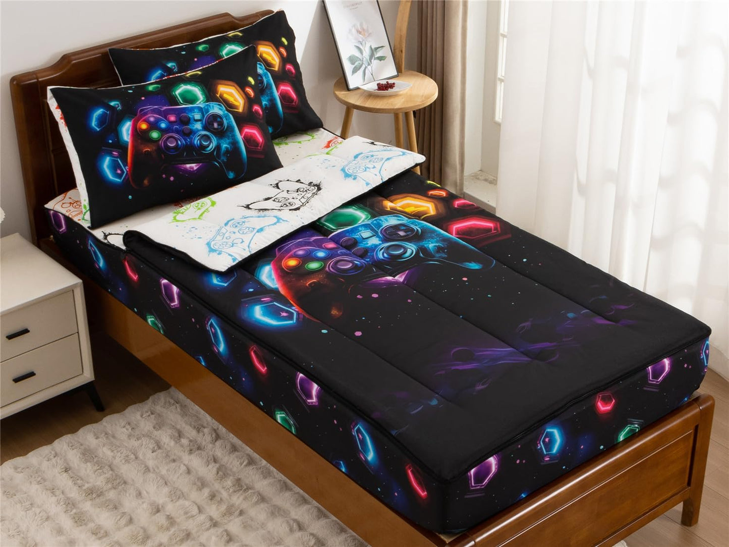 NTBED Gamer Printed Zipper Bedding Sets Twin for Kids Boys Lightweight Microfiber Space Comforter Set with Fitted Sheet Pillow Covers,Black