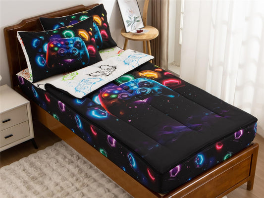 NTBED Gamer Printed Zipper Bedding Sets Twin for Kids Boys Lightweight Microfiber Space Comforter Set with Fitted Sheet Pillow Covers,Black