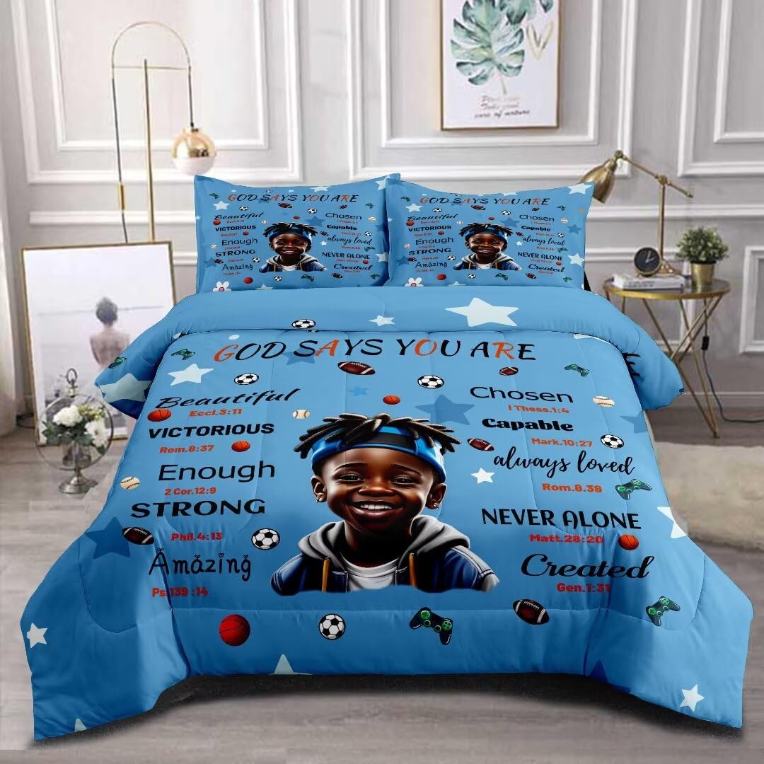 GRAT TIOC Black Comforter Set for Kids Teens Twin, Cute African American Boy Bedding, Afro Melanin God Says I Am Christian Bedroom Set 3 Pcs With 2 Pillowcases