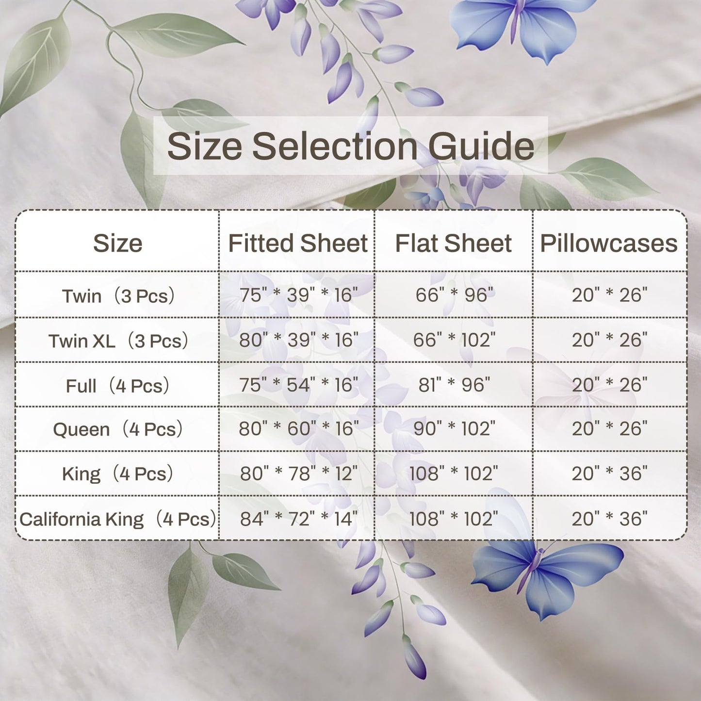 Wisteria Flower Sheet Set, 4 Pcs Queen Size Butterfly Bed Sheets