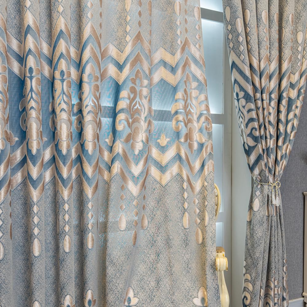 Amidoudou 1 Pair European Semi-Sheer Curtains for Living Room Bedroom Embroidered Hollow Luxury Curtains (Blue,52x90 Inch)