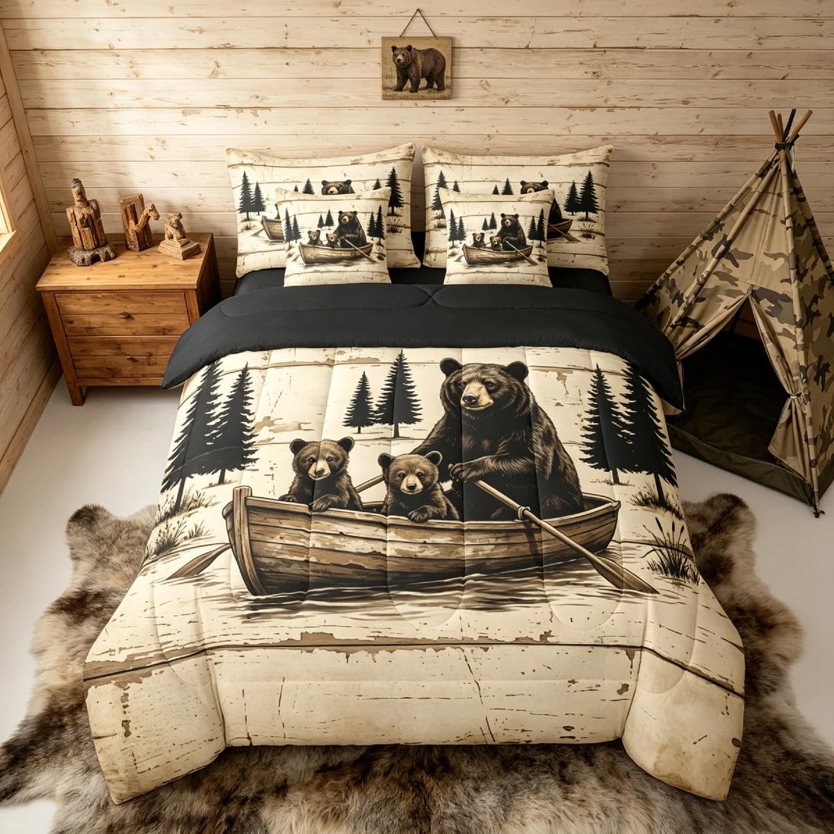 Feelyou Bear Comforter Set with Sheets 7 Piece Twin Size Rustic Cabin Country Bed in a Bag Kids Boys Girls Lake Life Bedding Set Wild Animal Bedroom Decor