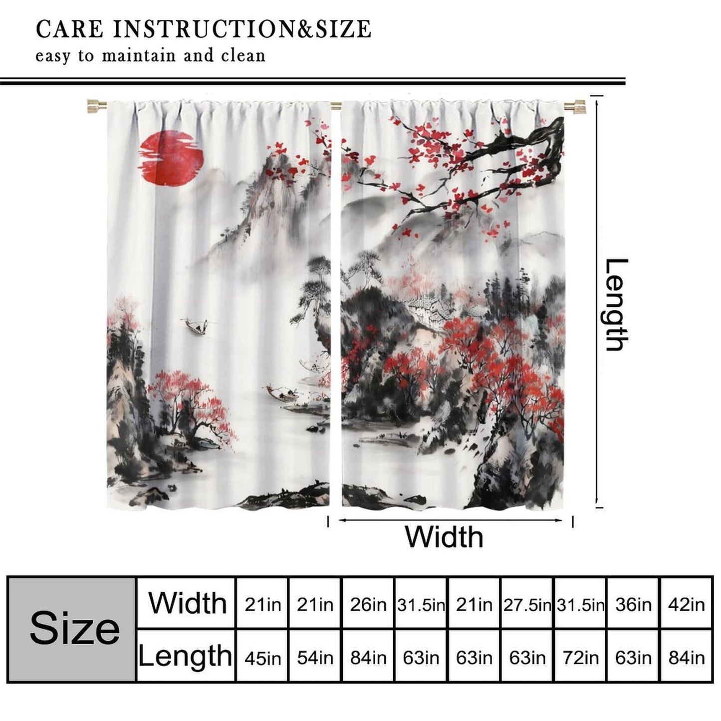YSWOW Asian Curtains, Japanese Traditional Ink Nature Landscape Cherry Blossoms Art Printed Window Drapes for Bedroom Living Room Kitchen Decor Fabric 2 Panel 42x45 Inch 30% Shading Rate