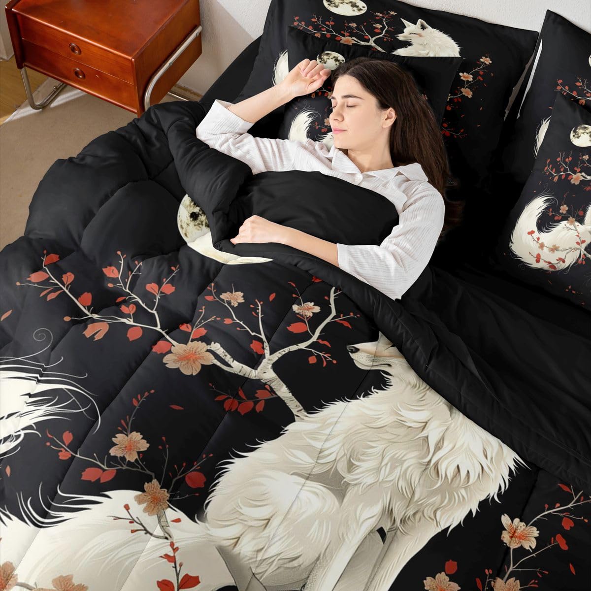 7 Pieces Twin Size White Fox Comforter Set,Japan Ukiyo-e Cherry Blossom Bedding Set for Boys Girls,Exotic Animal Rustic Farmhouse (Comforter+Fitted+Flat Sheet+2 Pillowcases+2 Throw Pillow Covers)