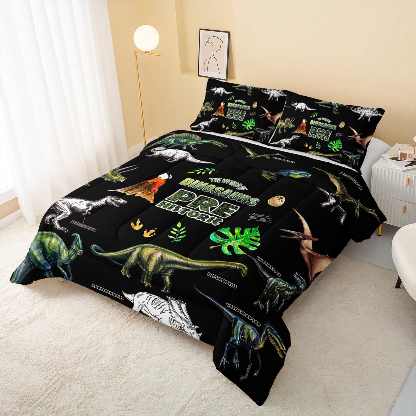 QOOMO Jurassic Dinosaurs Comforter Set, 3D Animals Bedding Set Suitability Girs and Boys Decorate Room Queen Size with 1 Comforter Set 2 Pillowcases
