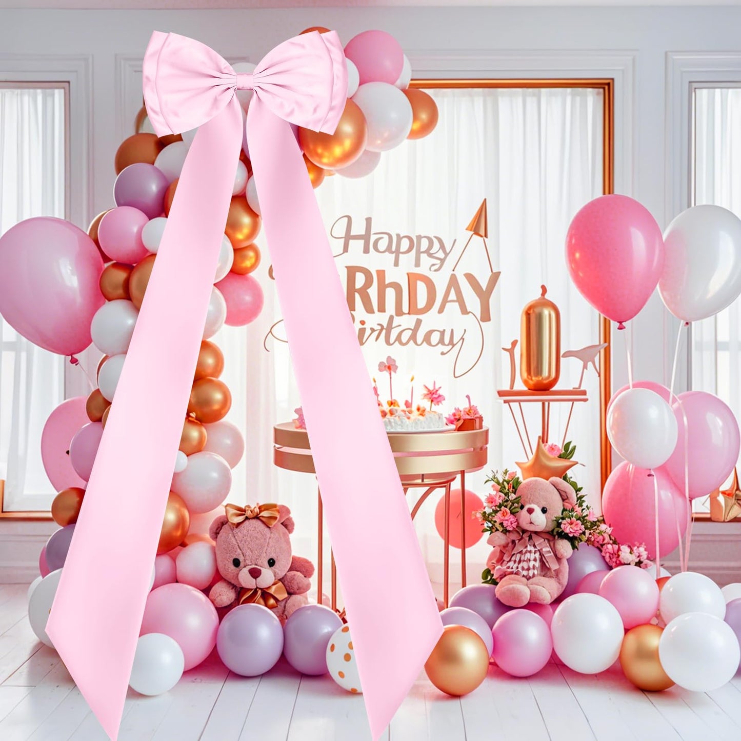FUANGUI Valentine's Day Giant Bow Decoration, Pink Big Bow for Backdrop 75x18 Inch, Coquette Birthday Wall Room Home Decor, Large Satin for Wedding Engagement Bachelorette Baby Shower Bridal Christmas