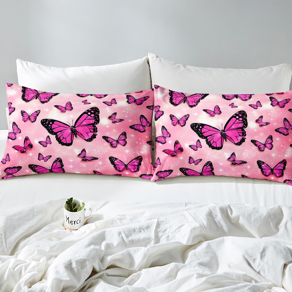 Feelyou Boys Girls Butterfly Bed Sheet Set Full Size, Valentine's Day Bedding Set Glitter Fitted Sheet Kids Romantic Teens Bed Cover Bedroom Decor Bed Set 3Pcs (No Flat Sheet)