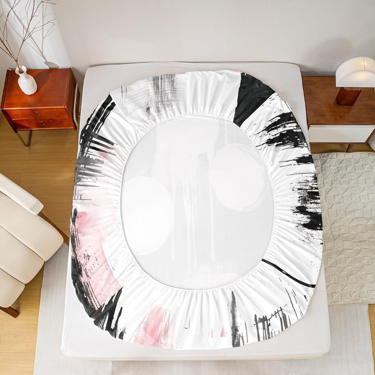jejeloiu Retro Circle Fitted Sheet with 1 Pillowcase Twin Size Black and Pink Abstract Bed Sheets Set 16" Deep Pocket Boys Girls Bedding Teens Bedroom Decor Breathable Soft