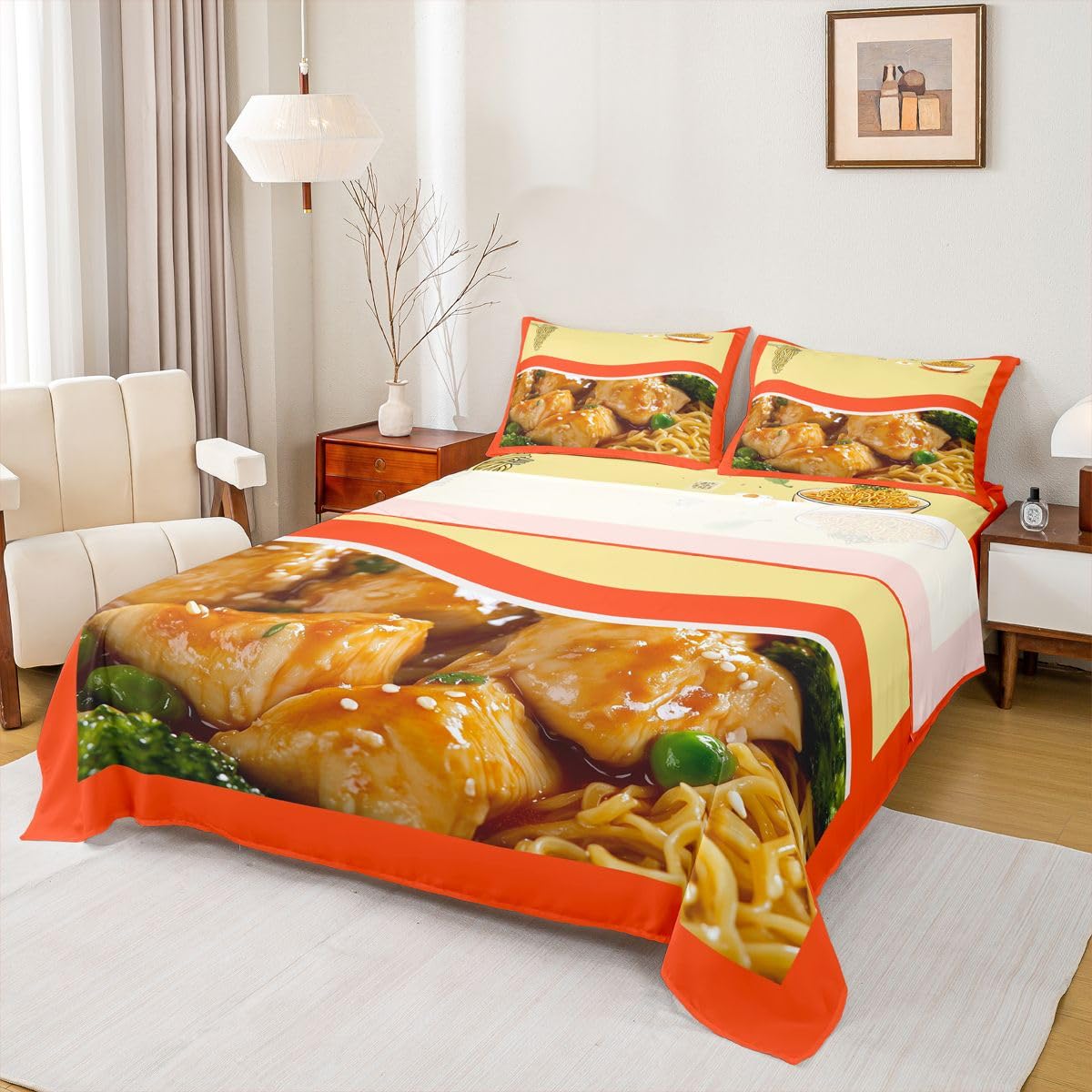 Feelyou Japanese Ramen Bed Sheets Set Twin Size Pulled Noodles Sheet Set for Kids Boys Girls Decor Pork Noodles Sheets with Deep Pocket Fitted Sheet Microfiber Cute Bedroom