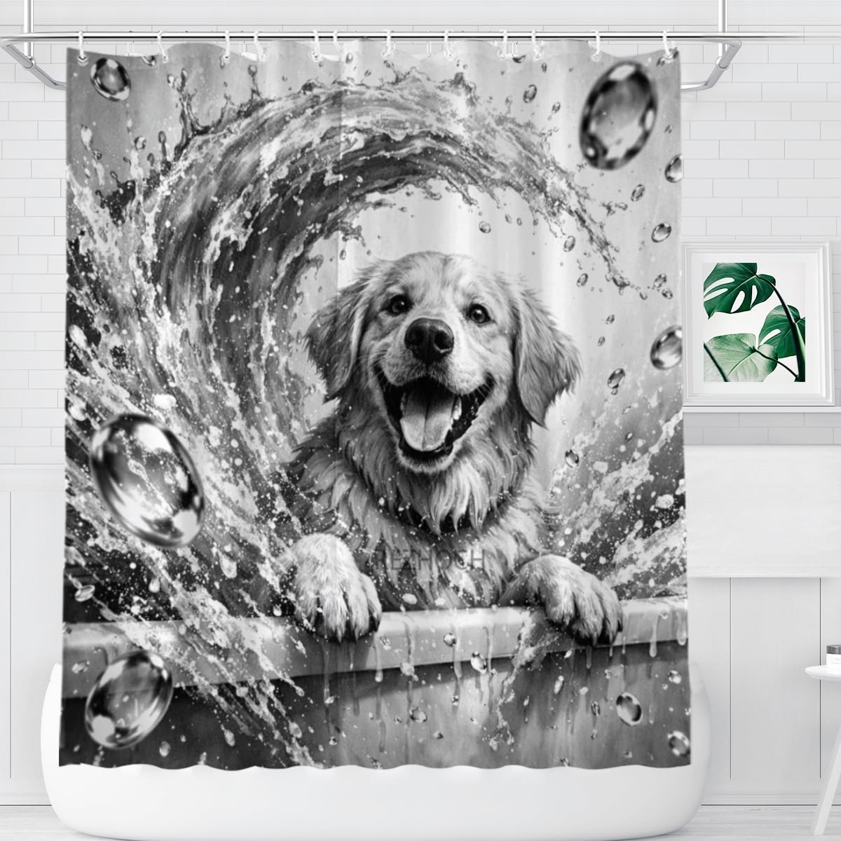 REZHOCH Black and White Dog Shower Curtain 72x72 Inch Happy Golden Retriever Splashing Water Wave Bathroom Decor,Fun Cute Animal Waterproof Fabric Modern Farmhouse Bath Set with Hooks