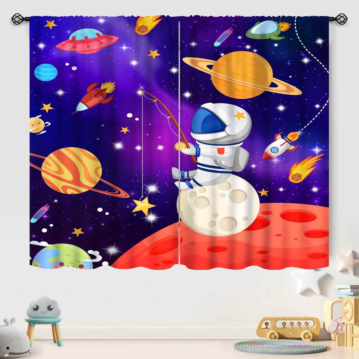 Lnepty Kids Cartoon Space Curtains,Outer Space Universe Solar System Planet Window Curtains for Boys Cartoon Astronaut Galaxy Curtains for Bedroom Nursery 2 Panels,42X45 Inch