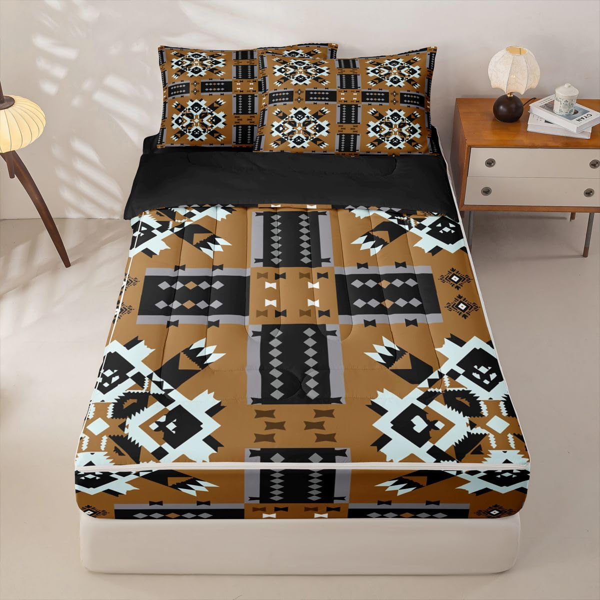 Caramel Tan Southwestern Full Zipper Comforter Set,Lightweight Aztec Tribal 4 Piece Complete Bedding Set Bed in a Bag with Fitted Sheet & Pillowcases,Black and White Geometric for Kids Boys Teen Girls