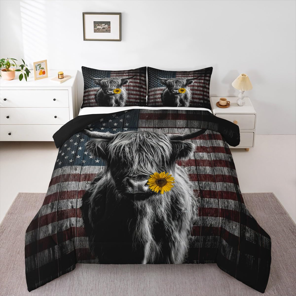 Feelyou Highland Cattle Bedding Set Sunflower Highland Cow Comforter Set for Kids Boys Girls America Flag Bull Comforter Animal Quilt Set 1 Comforter Set with 1 Pillowcase Twin Size