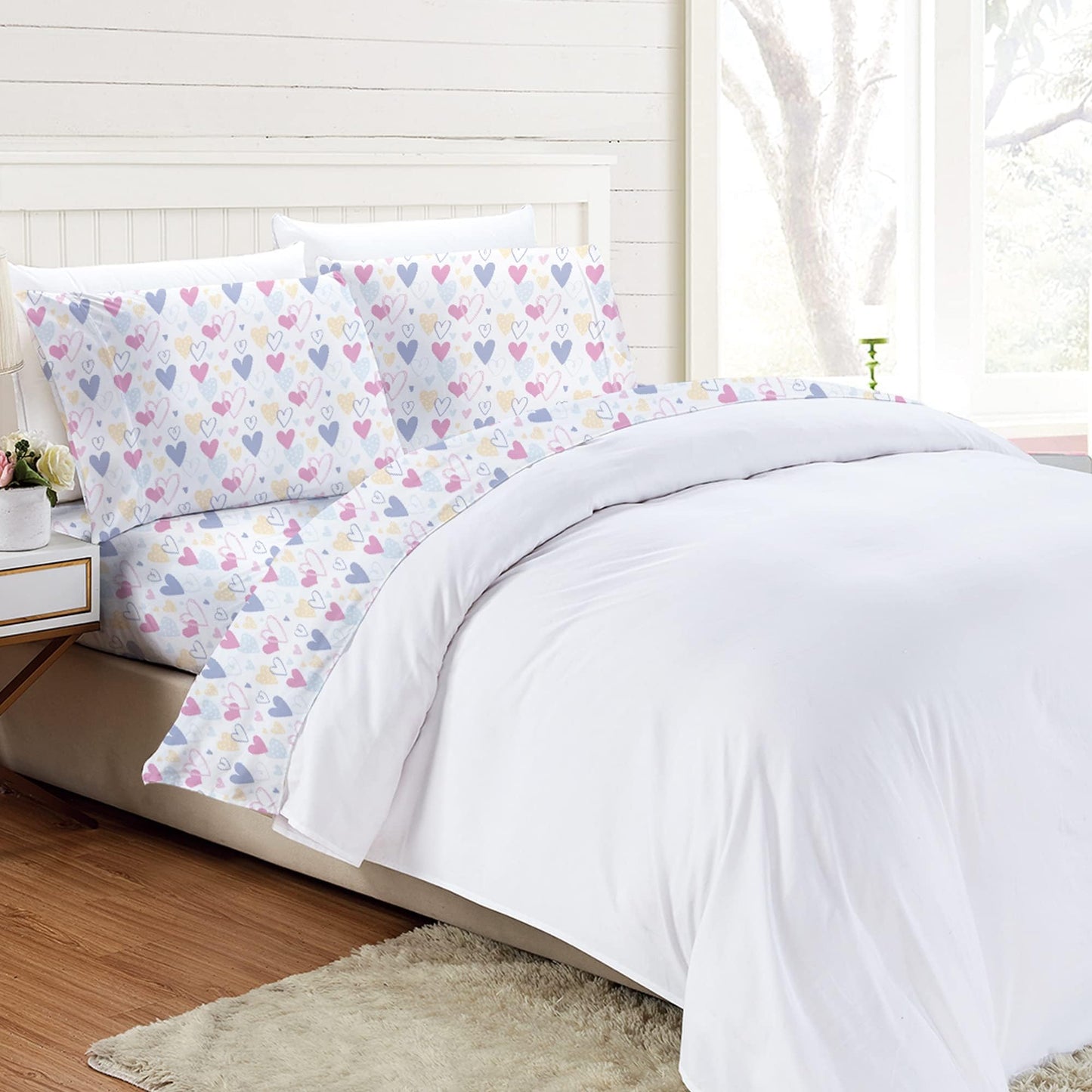 Softan Kids Bed Sheet Set, 4-Piece Full Size Sheets, Microfiber Fitted Sheet with 15 Inches Deep Pocket and Corner Straps, Breathable & Silky Soft Ice Cream Cake Pattern Sheet and Pillowcase Sets