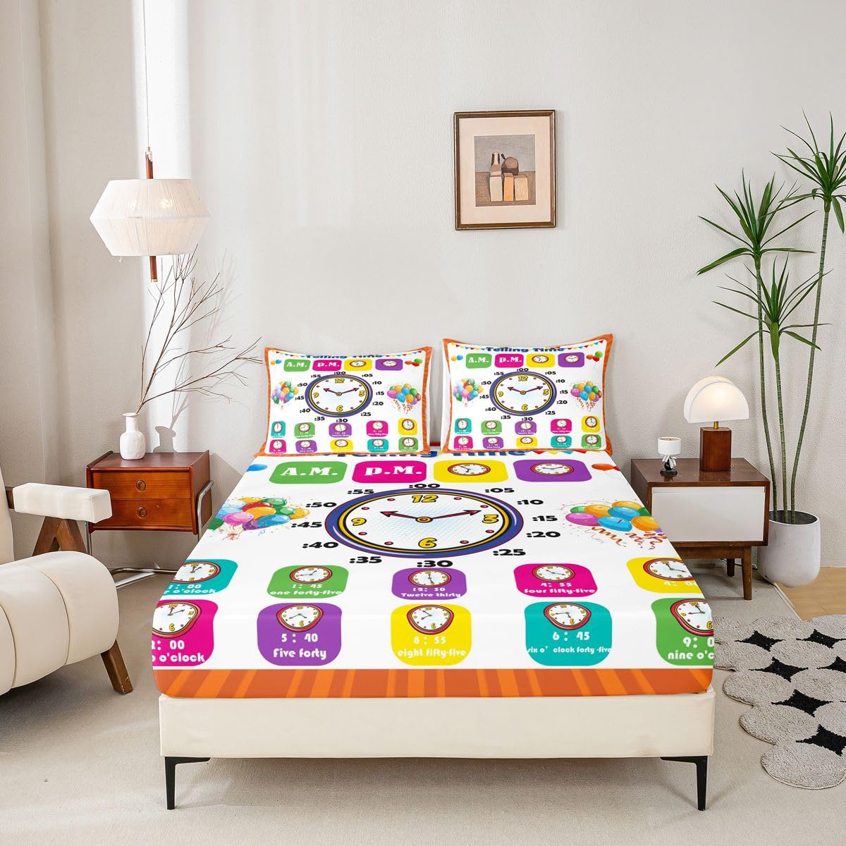 Educational Fitted Sheet Twin, Time Learning Bedding Set for Kids Boys Girls - Lightweight Bed Cover (No Flat Sheet)