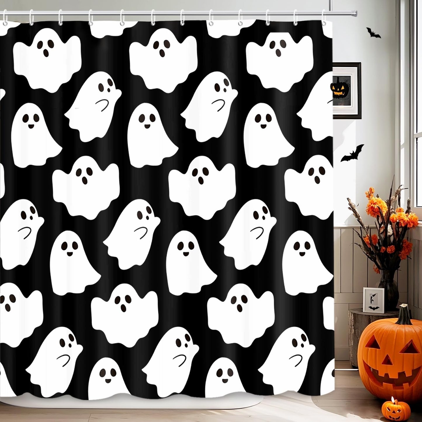 MEHOFOND Halloween Ghost Shower Curtain Cute Funny Cartoon Ghosts Bathroom Curtain Kids Black and White Spooky Skeleton Home Bathtub Decor Fabric Waterproof Bath Curtain with 12 Hooks 72x72 Inch