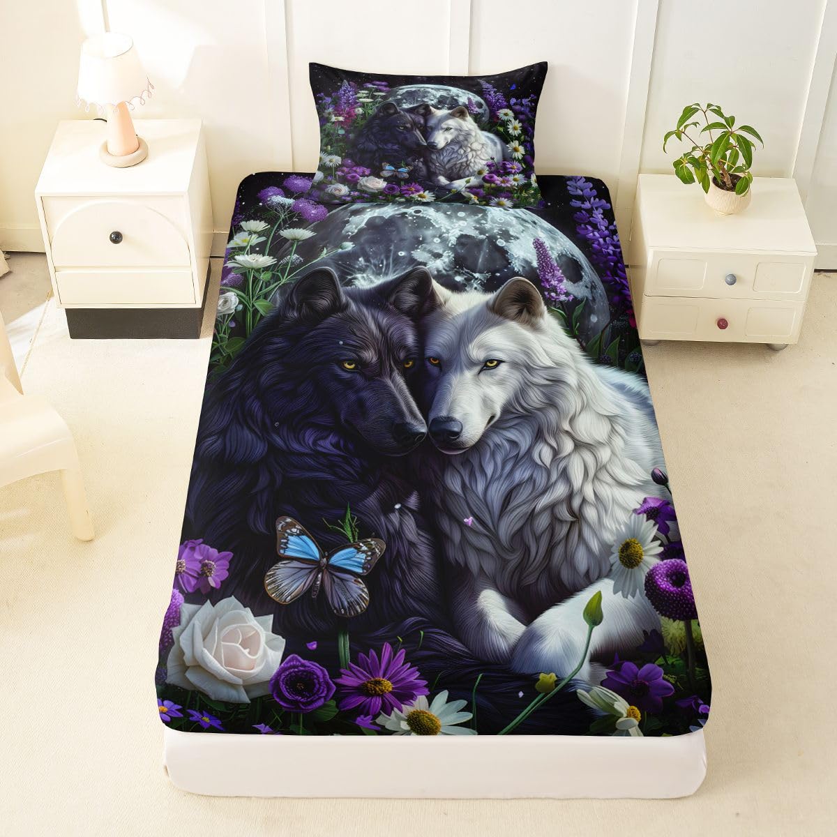 Feelyou Wolf Fitted Sheet with 1 Pillowcase Twin Size Halloween Themed Bed Sheets Set 16" Deep Pocket Boys Girls Trick or Treat Bedding Teens Bedroom Decor Breathable Soft Lightweight Microfiber